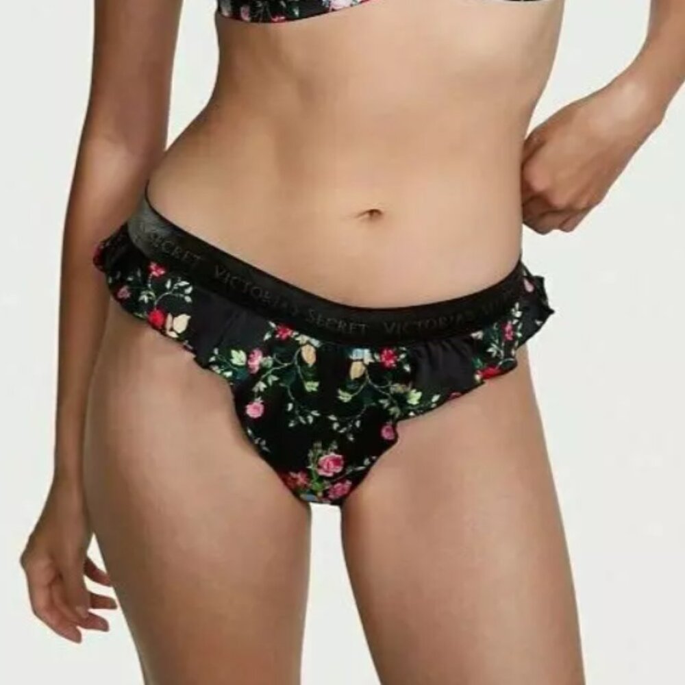 Victorias Secret FLORAL Washable Silk Ruffle High Leg THONG Velvet Waist French
